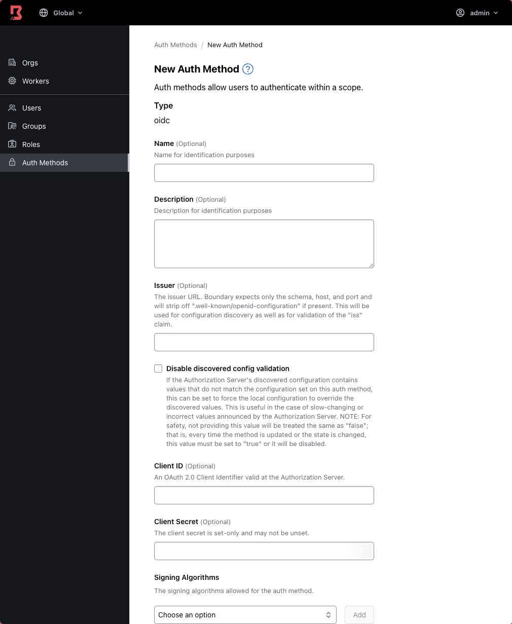 Admin Console Auth Method Details